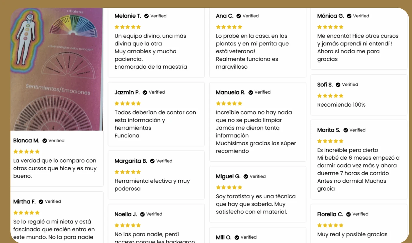 Reseñas verificadas de compradoras del Método Tikún, todas de cinco estrellas